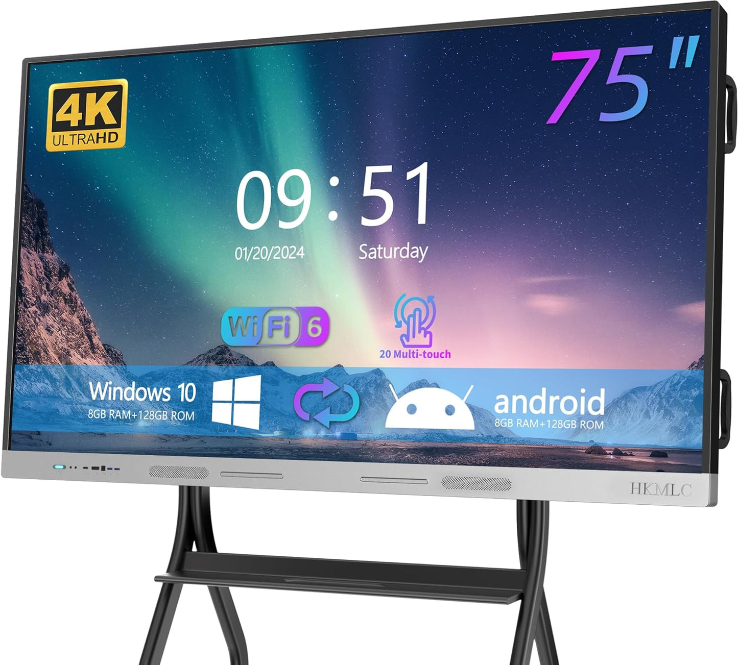 HKMLC 75 Inch Smart Board, 4K UHD Interactive Whiteboard Built-in Dual System Touchscreen Digital Whiteboard, All-in-One Electronic Smart Board for Classroom and Business (Wall Mount Included)