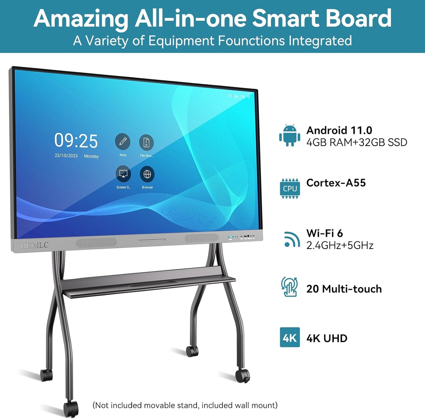 HKMLC Smart Board, 55 Inch All-in-One Interactive Whiteboard with 4K UHD Touch Screen Flat Panel, Digital Electronic Whiteboard for Classroom and Business(Whiteboard+Stand)